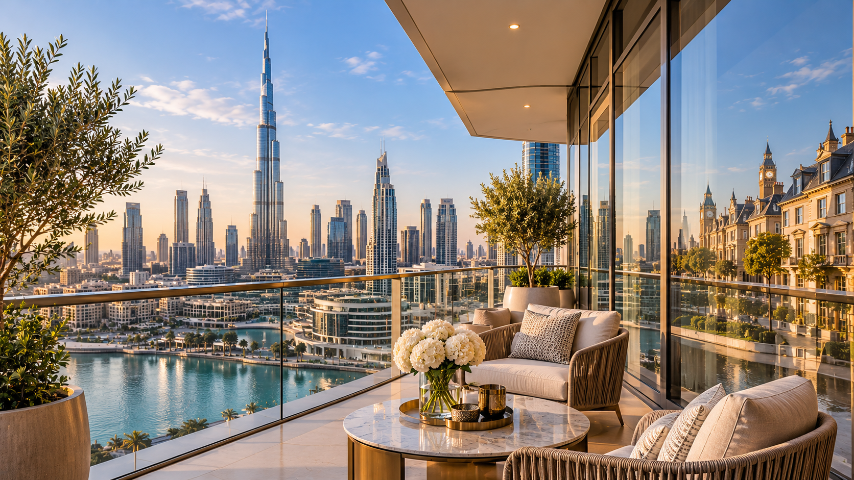 Luxury Dubai apartment overlooking the city skyline, representing international real estate investment in 2026.