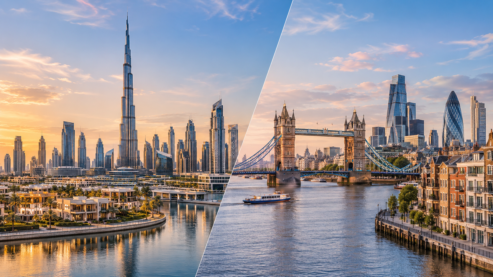 Dubai and London skylines illustrating property investment opportunities in both cities.