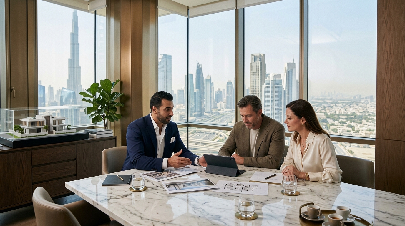 Real estate agent in Dubai helping a client choose a property