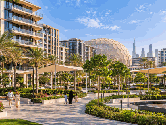 Modern residential buildings and landscaped green spaces in Expo City Dubai