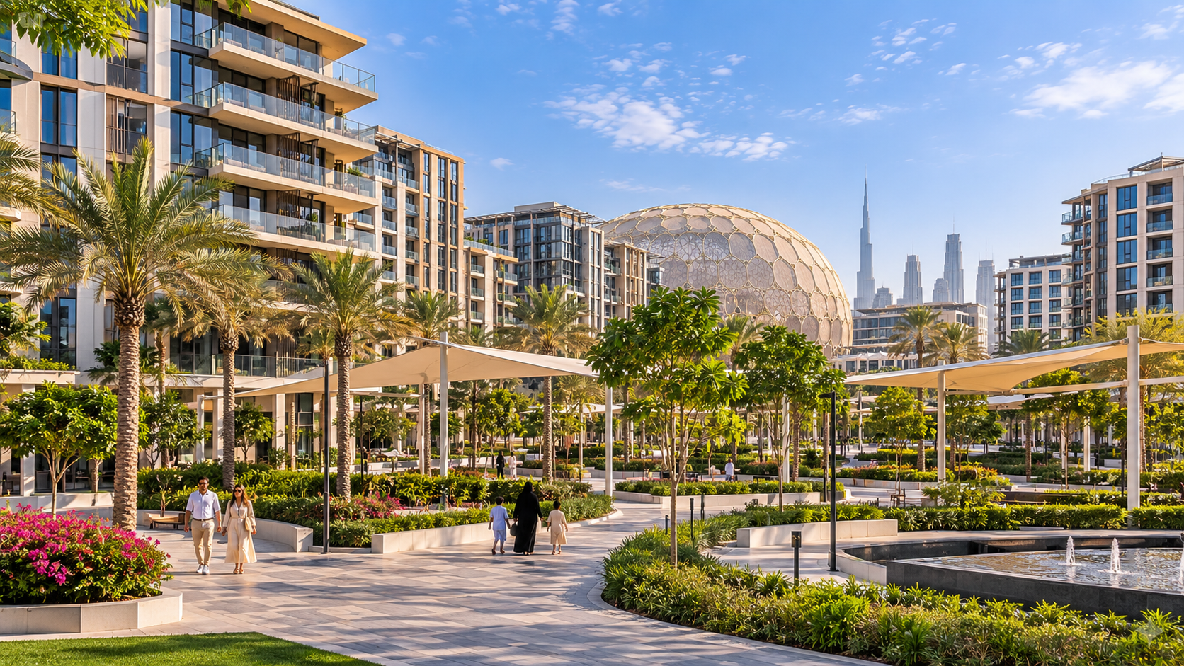 Modern residential buildings and landscaped green spaces in Expo City Dubai