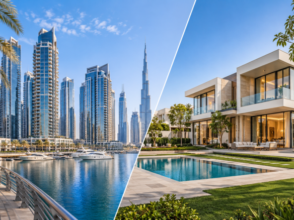 Apartments vs villas in Dubai showing modern residential towers and luxury villas.