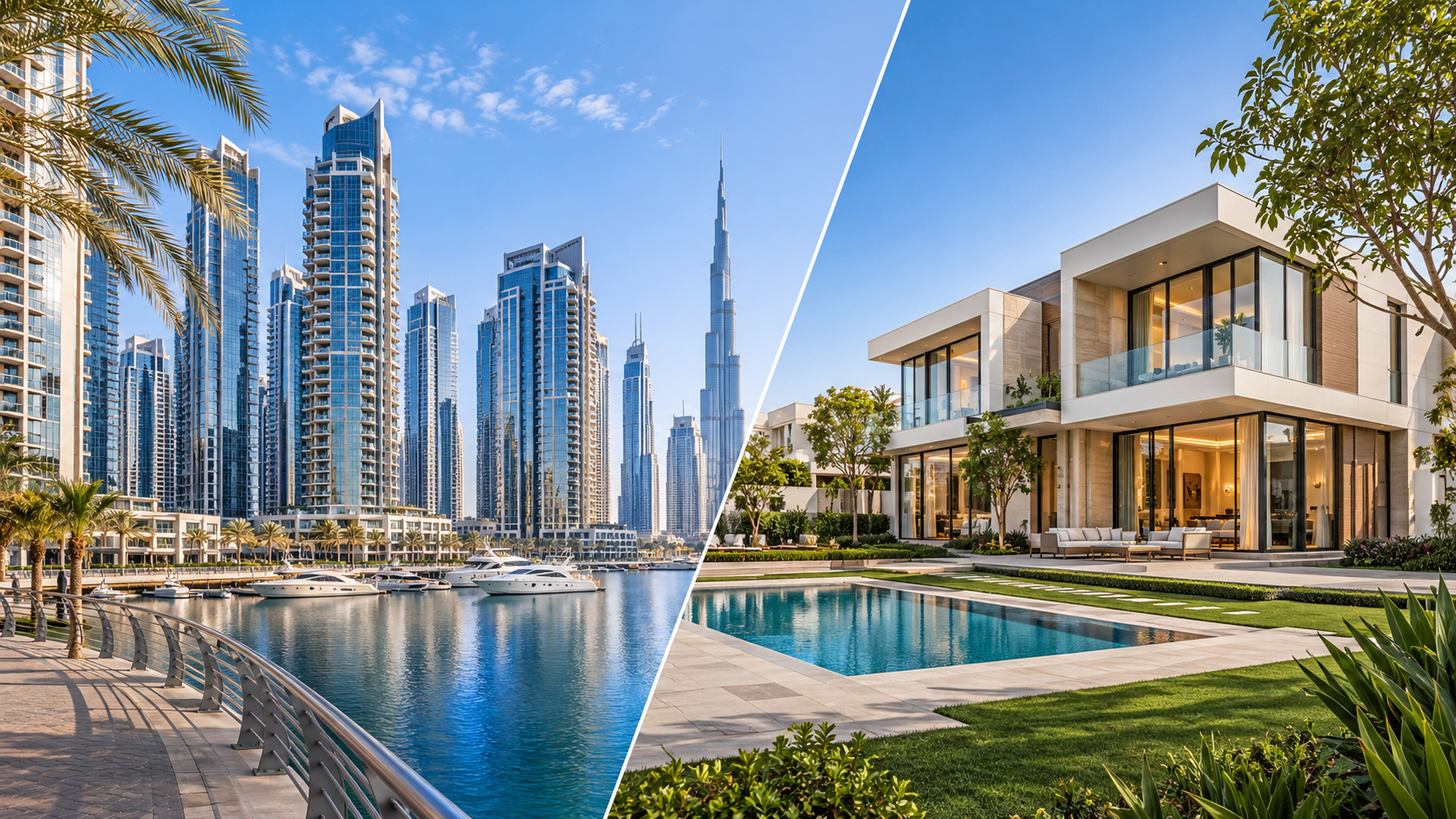 Apartments vs villas in Dubai showing modern residential towers and luxury villas.