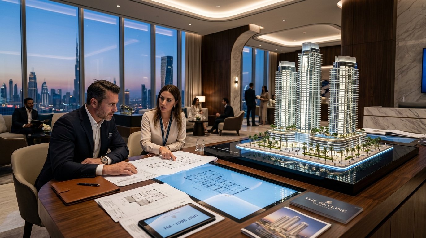 Investors reviewing architectural blueprints and 3D scale model for a Dubai off-plan residential development