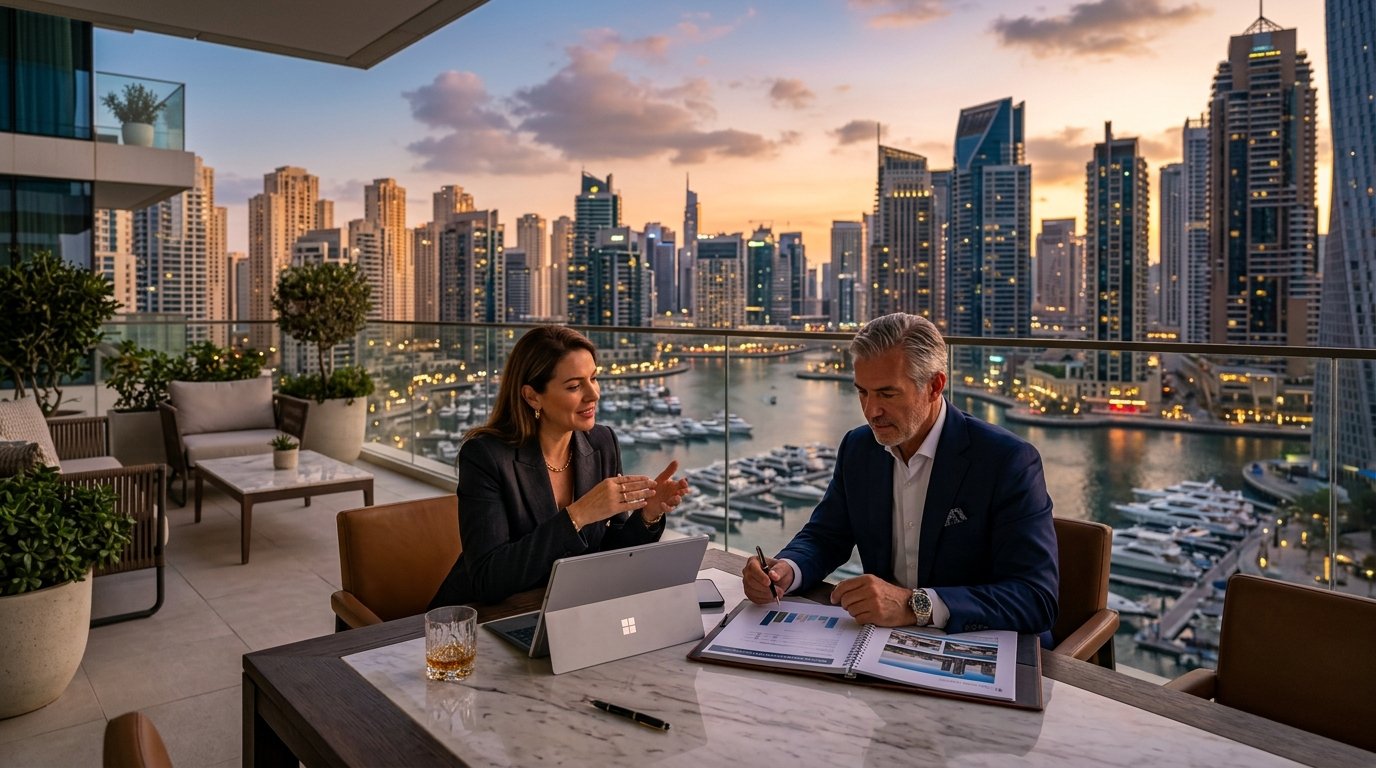 Property investor and private advisor discussing long-term portfolio strategy overlooking Dubai Marina