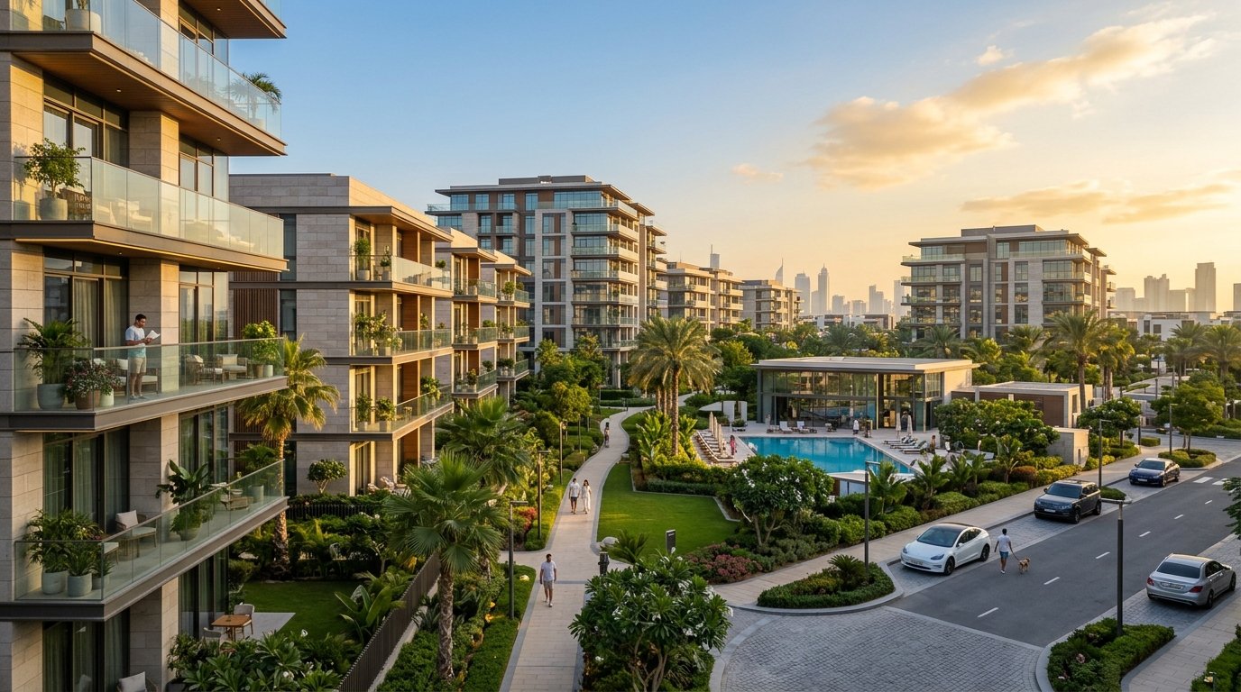 Master-planned residential community in Dubai with landscaped parks, modern apartment buildings, and lifestyle amenities