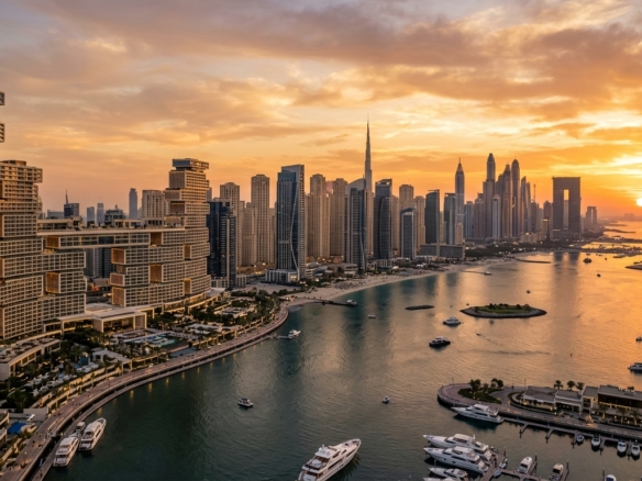 Dubai coastal skyline and luxury residential developments at sunset