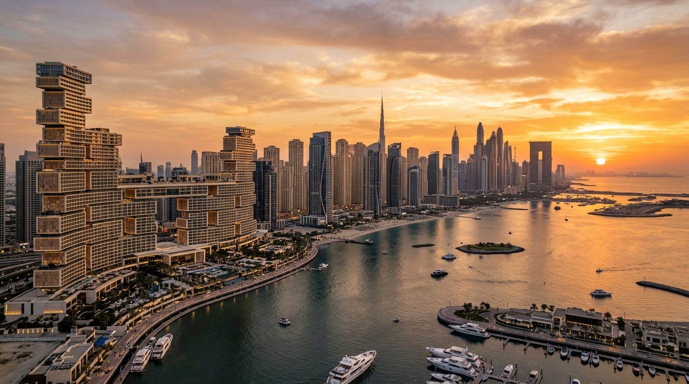 Dubai coastal skyline and luxury residential developments at sunset