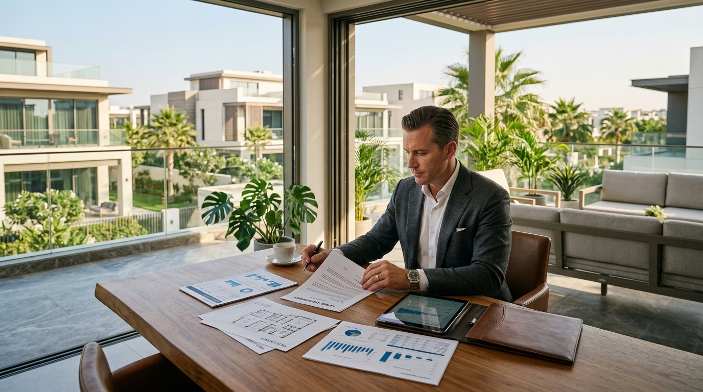 Investing in Dubai real estate: investor reviewing legal documents and financial analysis