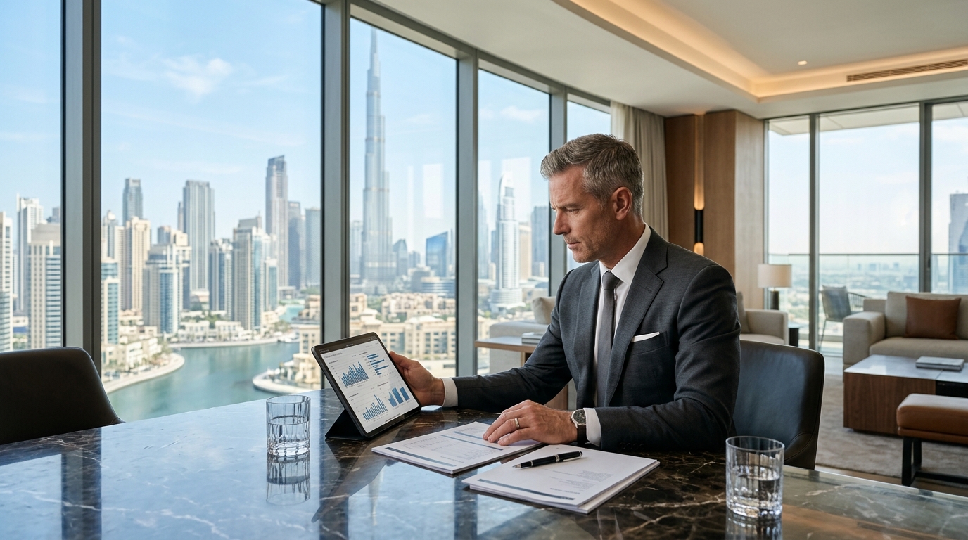 Investing in Dubai real estate: investor analyzing property market data and investment fundamentals